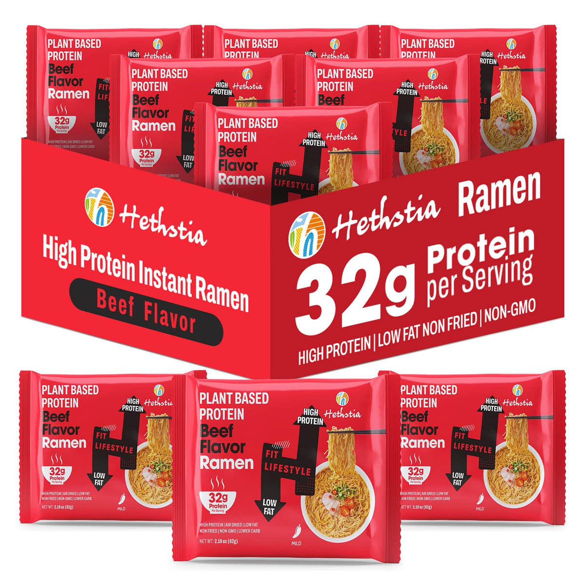 Hethstia Protein Ramen 6-pack front view offering a convenient vegan protein meal
