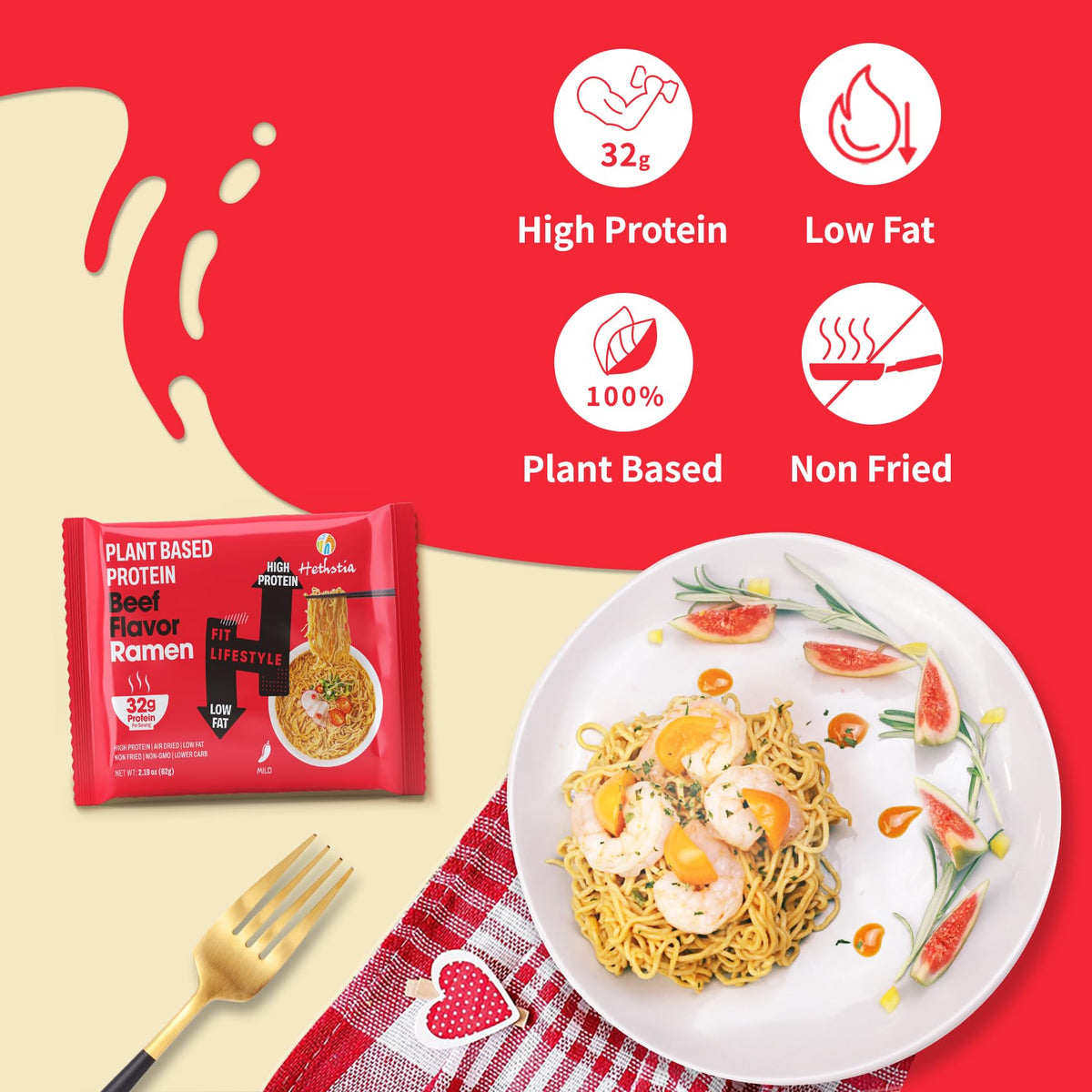 Hethstia ramen serving in a bowl with steam, high-protein plant-based meal