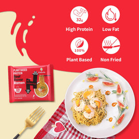 Hethstia ramen serving in a bowl with steam, high-protein plant-based meal