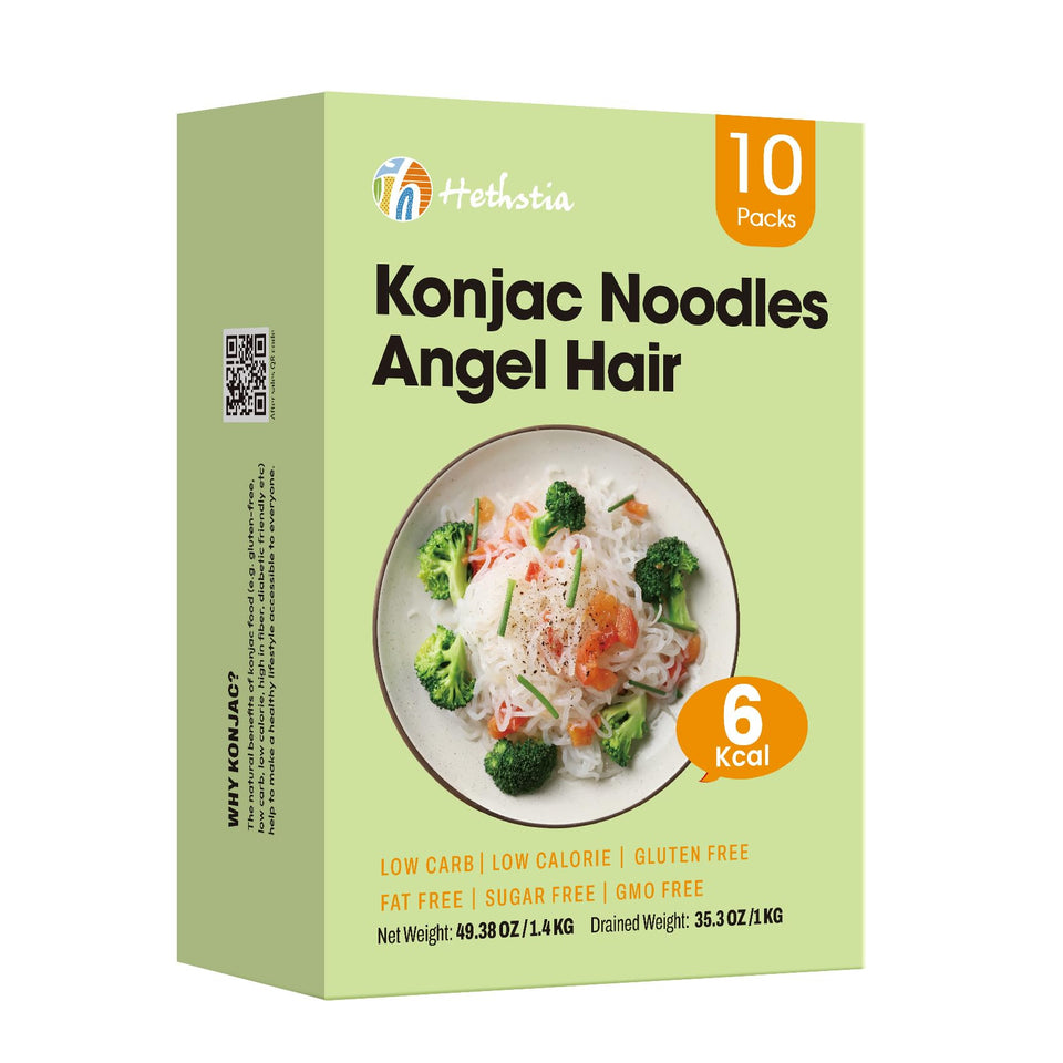 Hethstia Shirataki Noodles angel hair pack in a 10-pack case for convenient storage