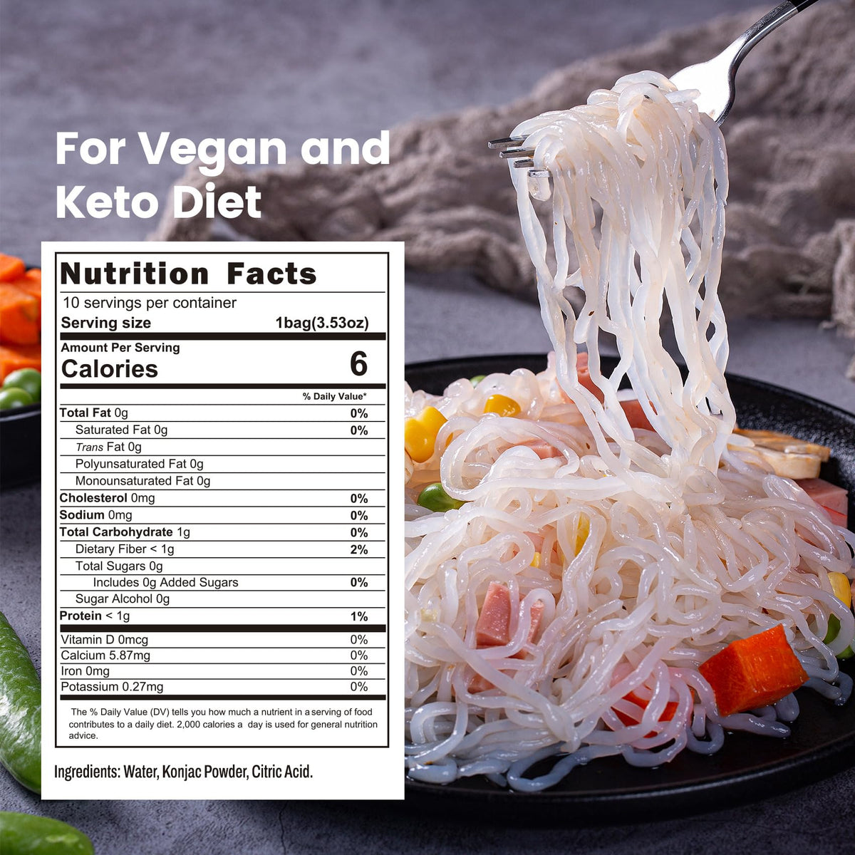 Hethstia Shirataki noodles cooked plate demonstrates a low-calorie, gluten-free option.