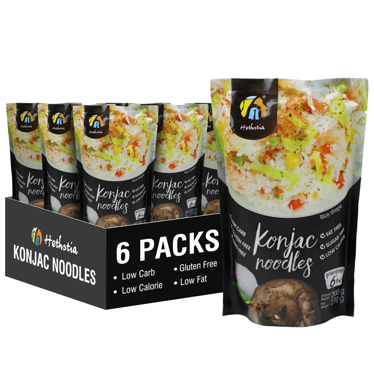 Hethstia Shirataki Rice 6-pack packaging shown for convenient keto-friendly meals.
