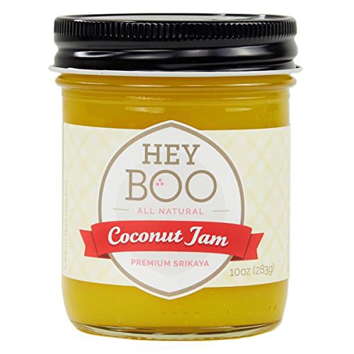 Hey Boo Premium Coconut Jam on pancakes, coconut flavor on stack