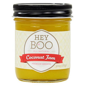 Hey Boo Premium Coconut Jam on pancakes, coconut flavor on stack