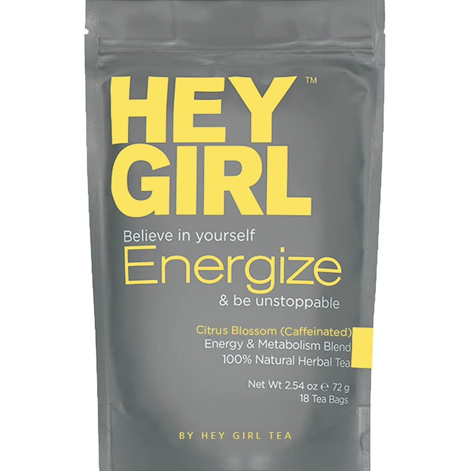 Hey Girl Energize Tea packaging front for a quick morning boost.