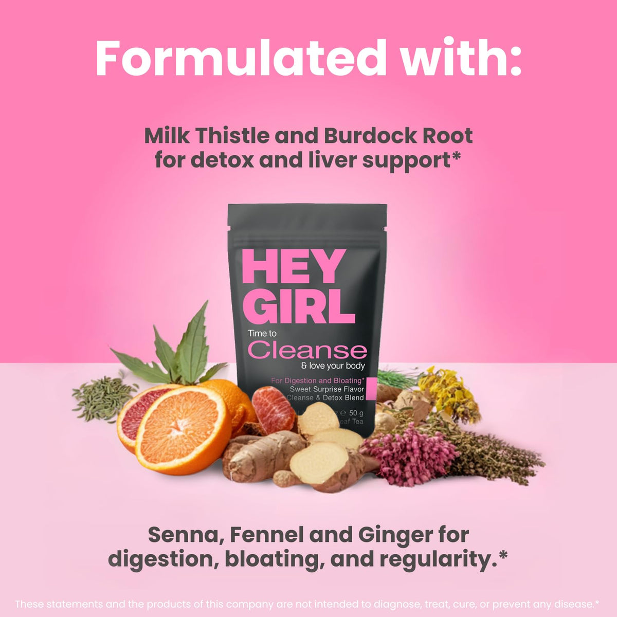Hey Girl Tea Detox Tea ingredients milk thistle and burdock promote gut comfort.