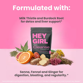 Hey Girl Tea Detox Tea ingredients milk thistle and burdock promote gut comfort.