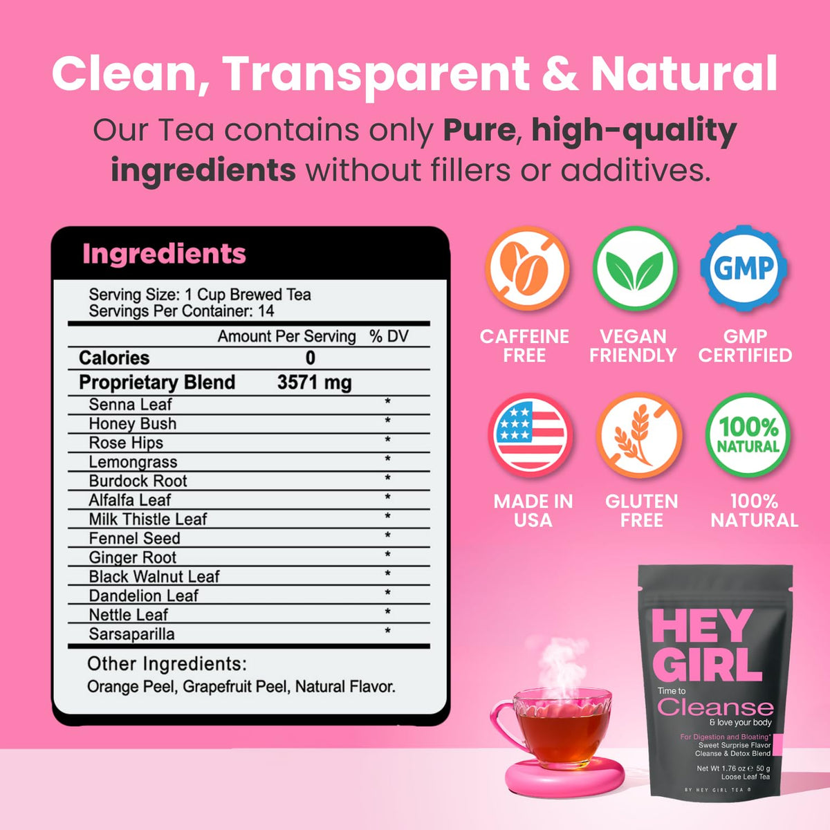 Hey Girl Tea Detox Tea steeped setup shows simple 5 to 10 minute preparation.