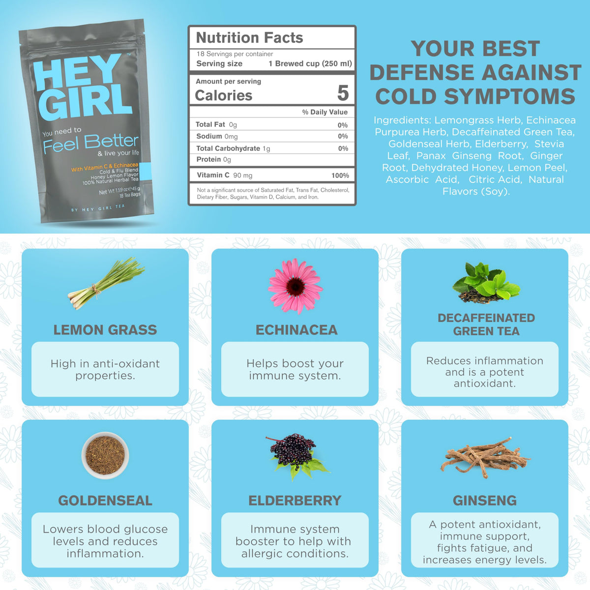Hey Girl Tea ingredients lemongrass and ginger present a bright, warming flavor.