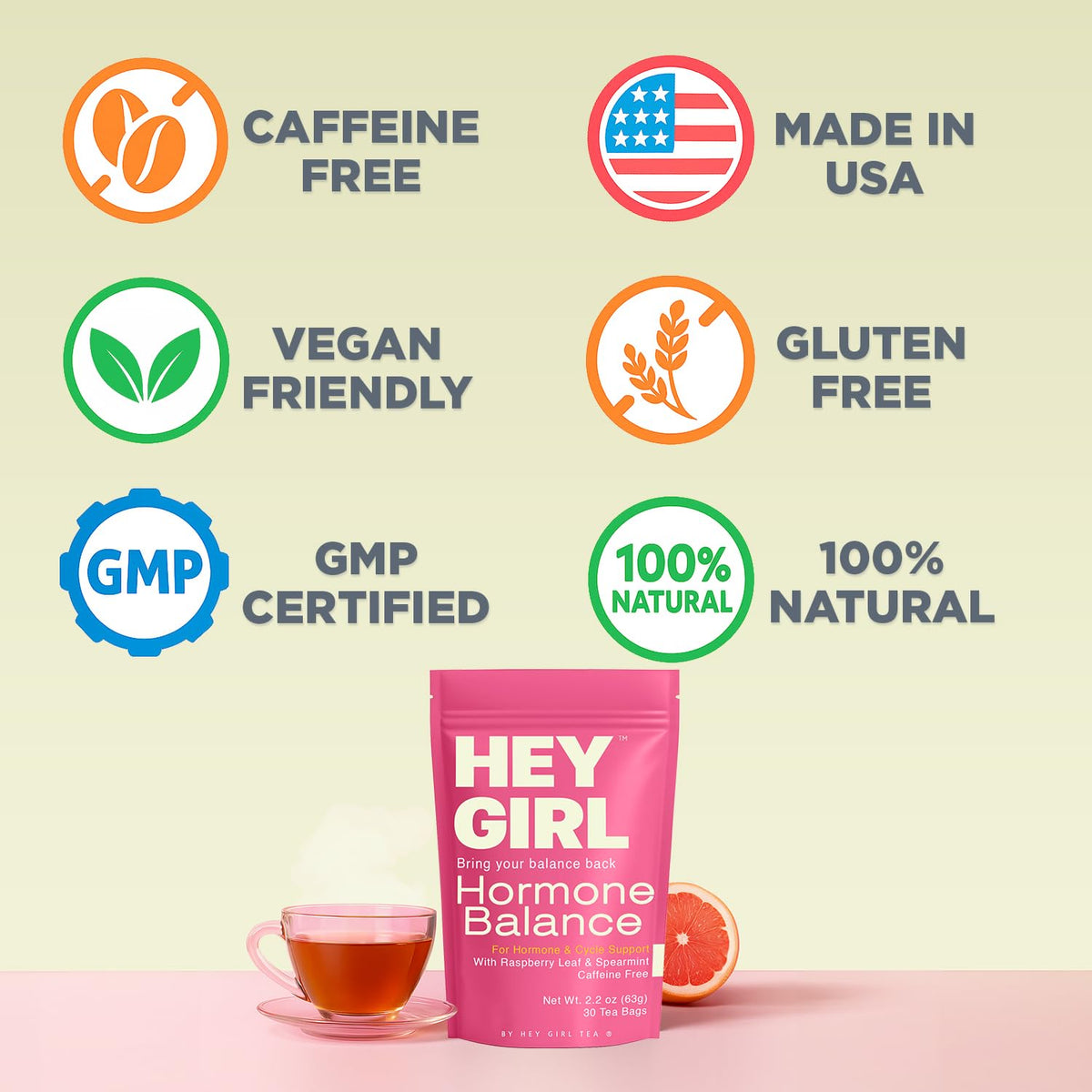 Hey Girl Tea loose ingredients display highlighting natural herbs for balanced daily routine.