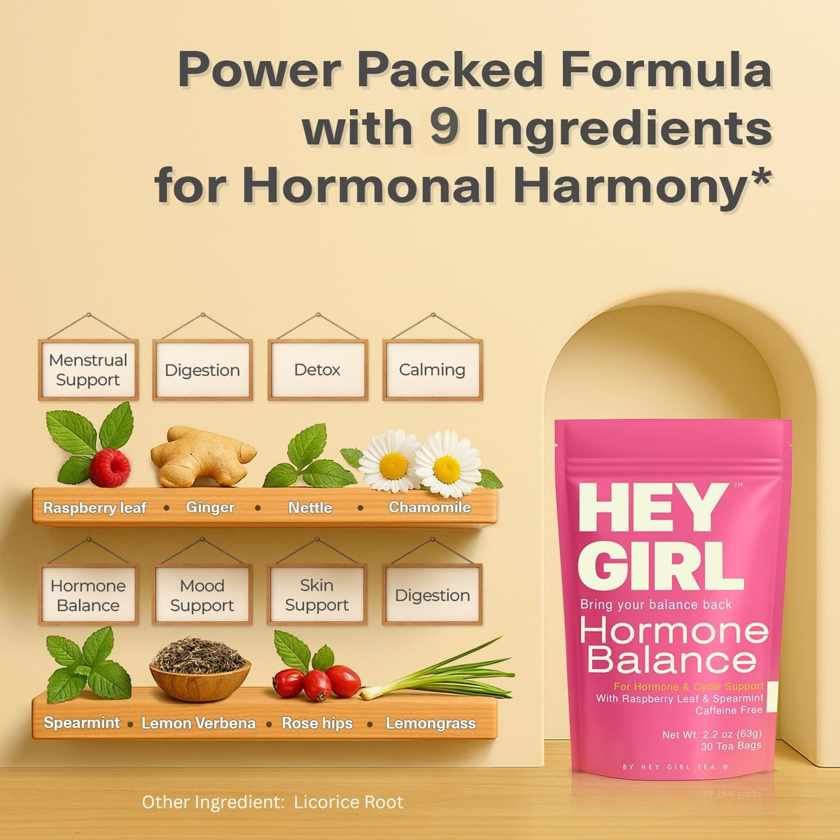 Hey Girl Tea mint and floral notes image suggesting mood support during cycles.