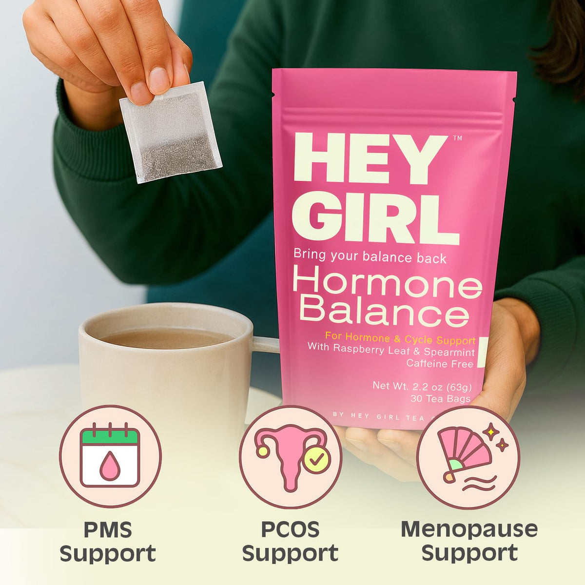 Hey Girl Tea spearmint-raspberry blend tea bags highlighting refreshing flavor and potential cycle comfort.