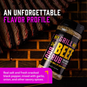 Hey Grill Hey Beef Rub jar on brisket prep area