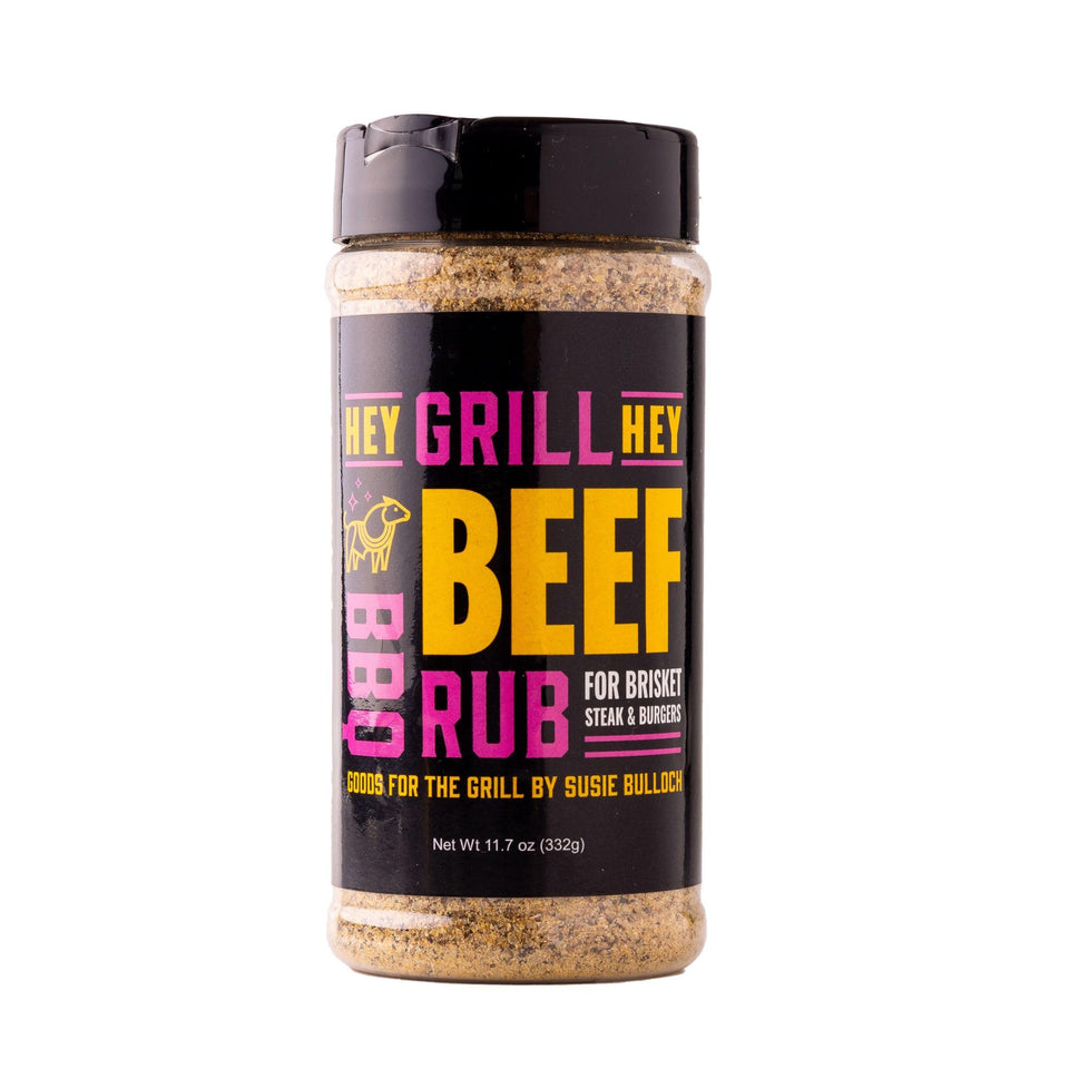 Hey Grill Hey Beef Rub label close-up highlighting bold flavor