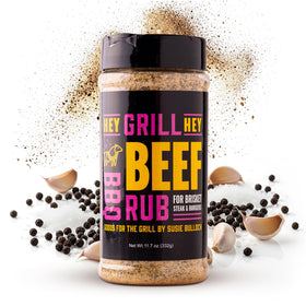 Hey Grill Hey Beef Rub with brisket slices for smoked flavor