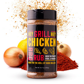 Hey Grill Hey Chicken Rub bottle showcasing lemon-herb blend for juicy chicken