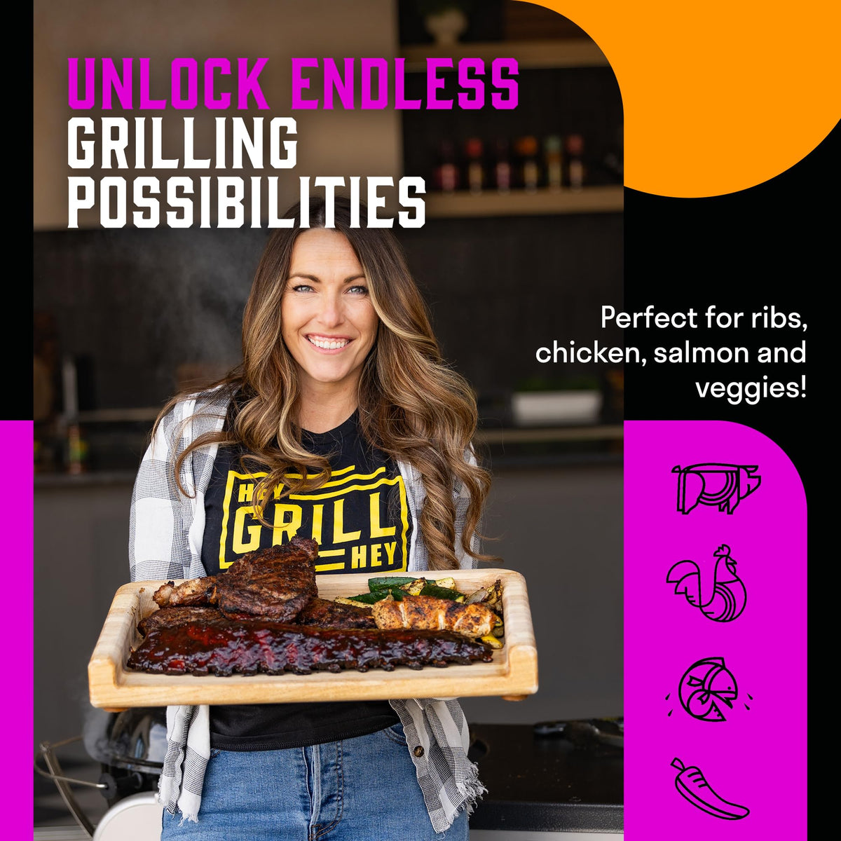 Hey Grill Hey glaze creates a glossy finish on grilled foods