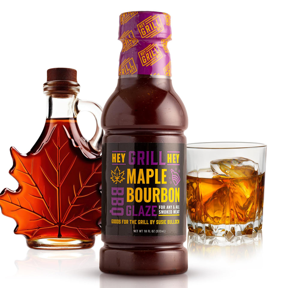 Hey Grill Hey maple bourbon glaze bottle showing rich amber glaze for BBQ