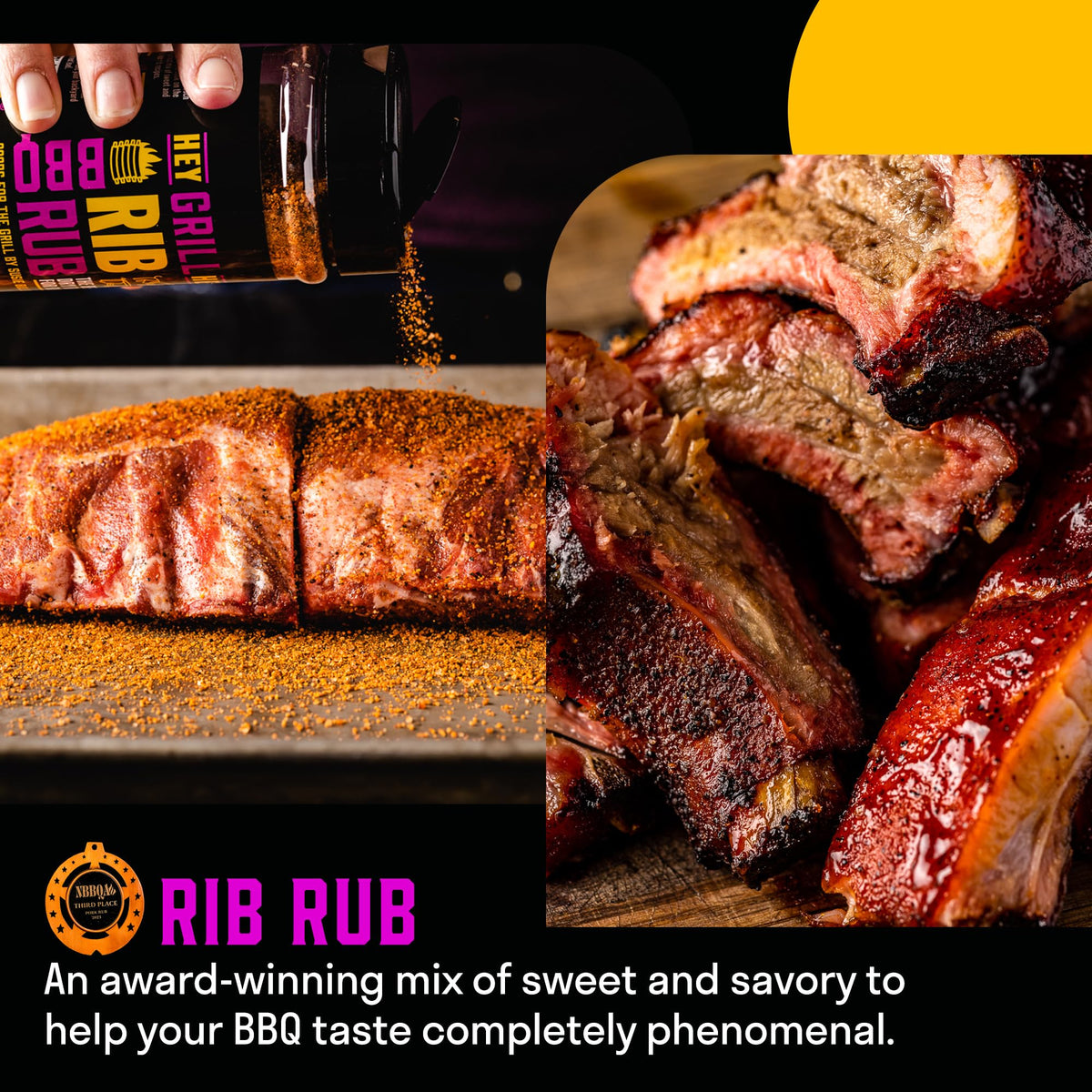 Hey Grill Hey Rib Rub bottle on grill, enhancing barbecue aroma