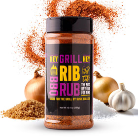 Hey Grill Hey Rib Rub bottle on pork ribs, flavor boost ready to grill
