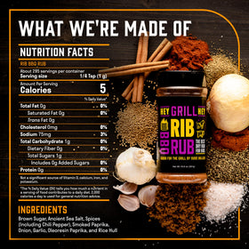 Hey Grill Hey Rib Rub jar, premium ingredients highlighted