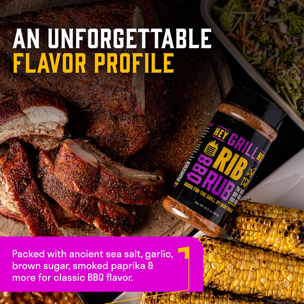 Hey Grill Hey Rib Rub with pork shoulder and beef ribs, versatile seasoning