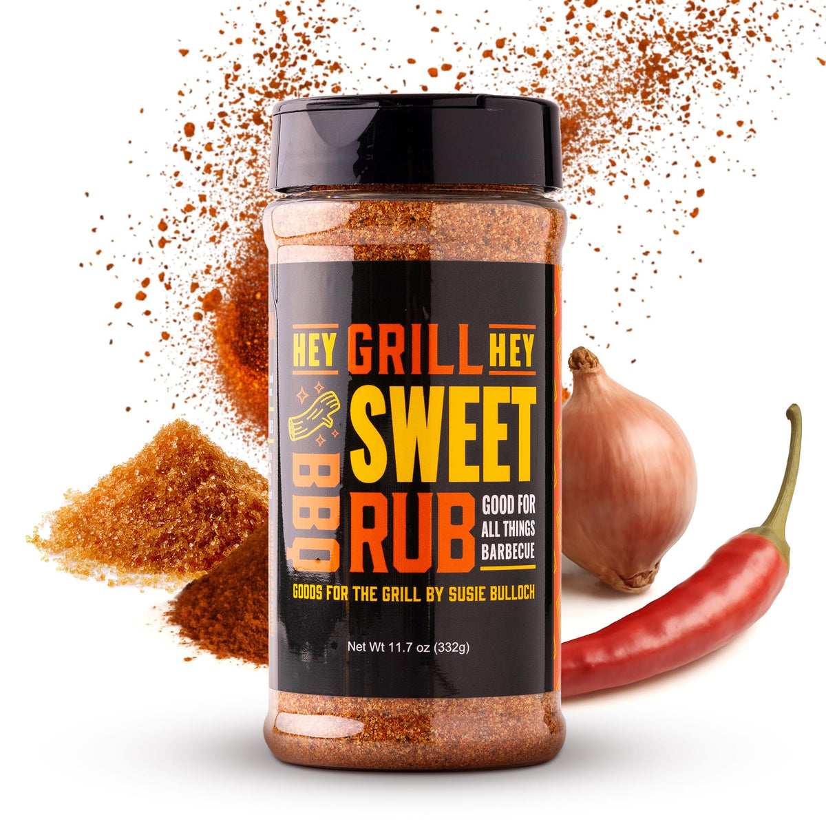 Hey Grill Hey Sweet Rub bottle showing a balanced sweet savory flavor for grilling