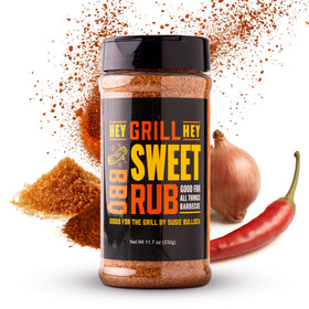 Hey Grill Hey Sweet Rub bottle showing a balanced sweet savory flavor for grilling