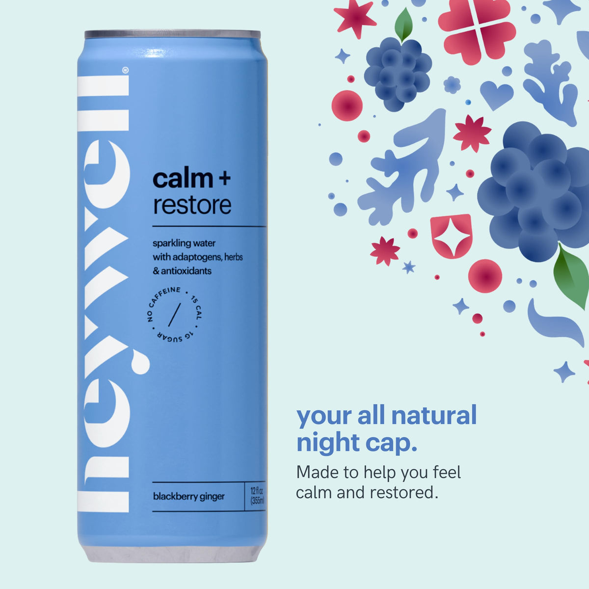 Heywell can-display Blackberry Ginger flavor with low calories and fizz.