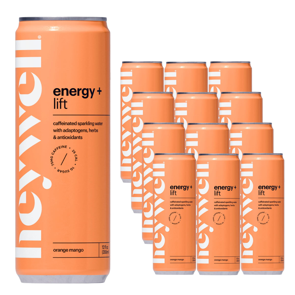 Heywell Sparkling Adaptogenic Water orange mango bottle showcases organic ingredients and flavor