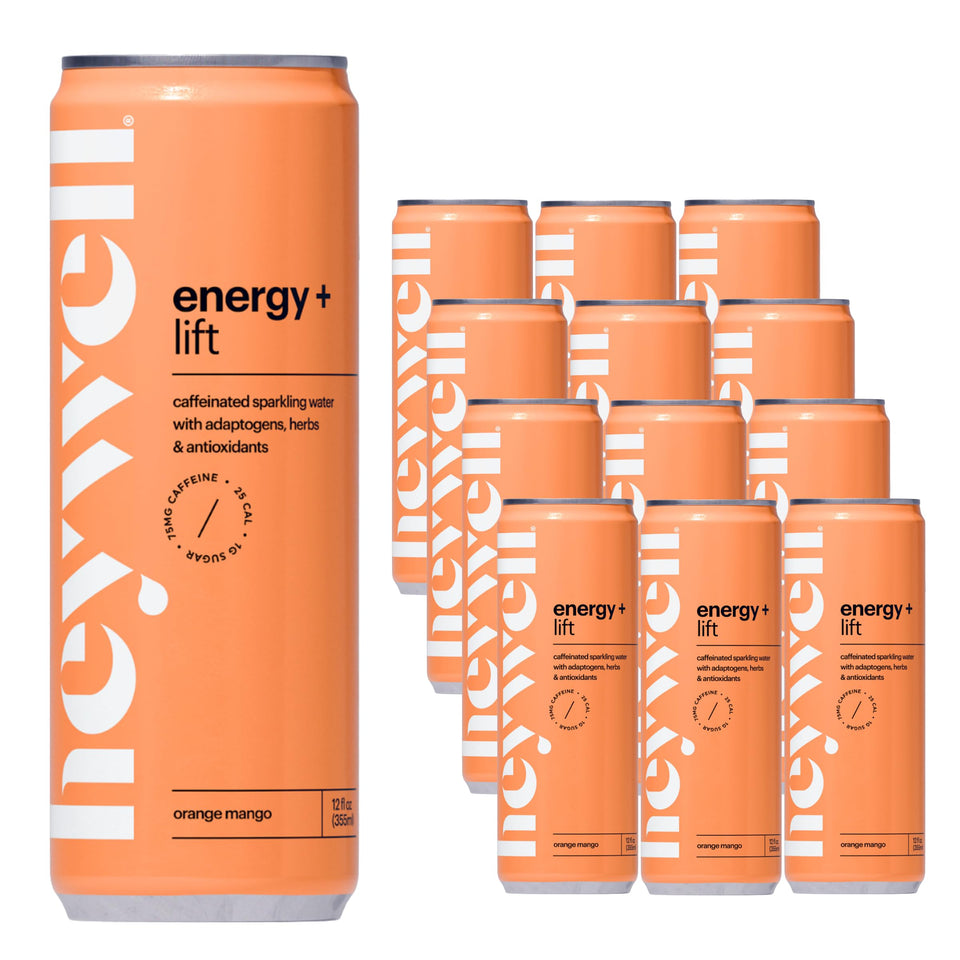 Heywell Sparkling Adaptogenic Water orange mango bottle showcases organic ingredients and flavor