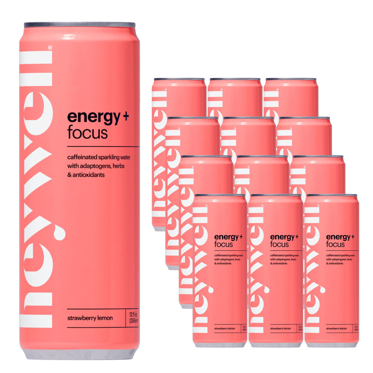 Heywell sparkling adaptogenic water bottle with strawberry lemon flavor for a refreshing energy lift.