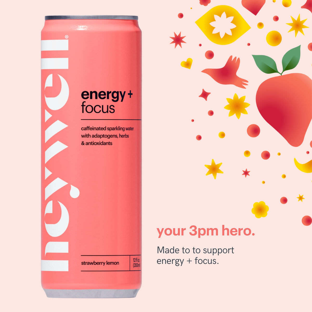 Heywell sparkling adaptogenic water in a glass, offering easy on-the-go energy and focus.