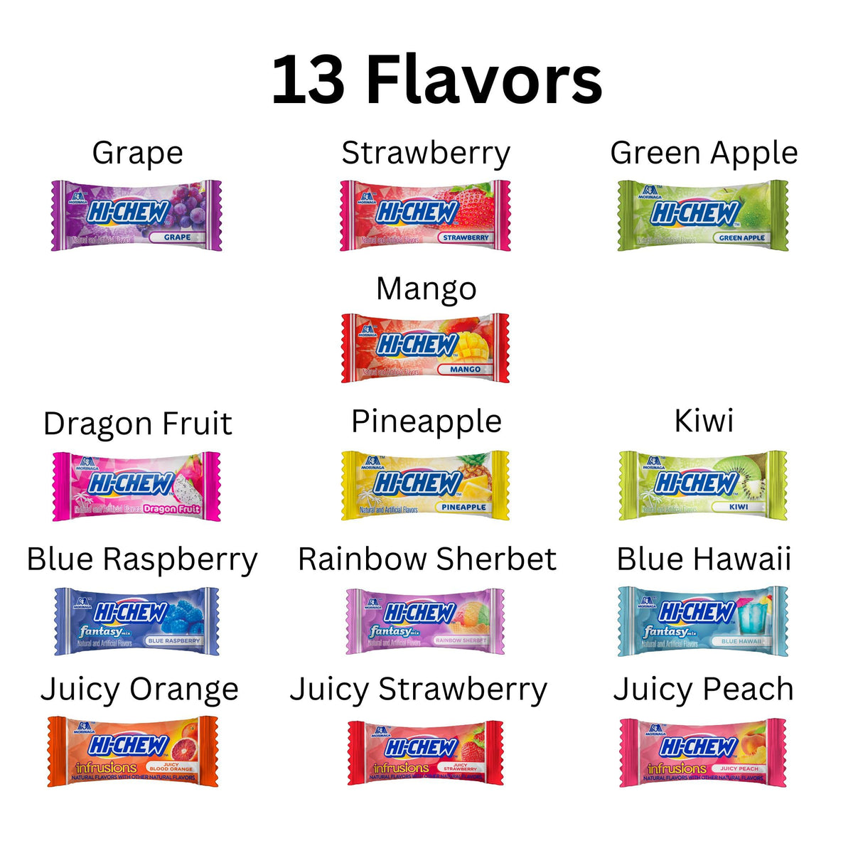 HI-CHEW four stand-up pouches arranged for on-the-go sharing.