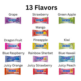 HI-CHEW four stand-up pouches arranged for on-the-go sharing.