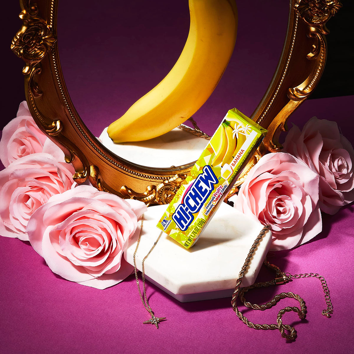 HI-CHEW Banana Sticks closeup texture shows juicy layers and soft chew