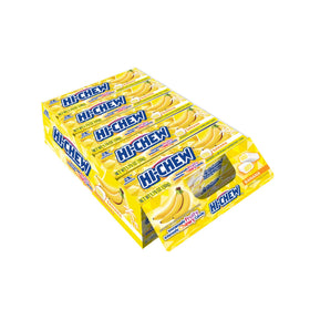 HI-CHEW Banana Sticks pack shot highlighting real fruit flavor and gluten-free appeal