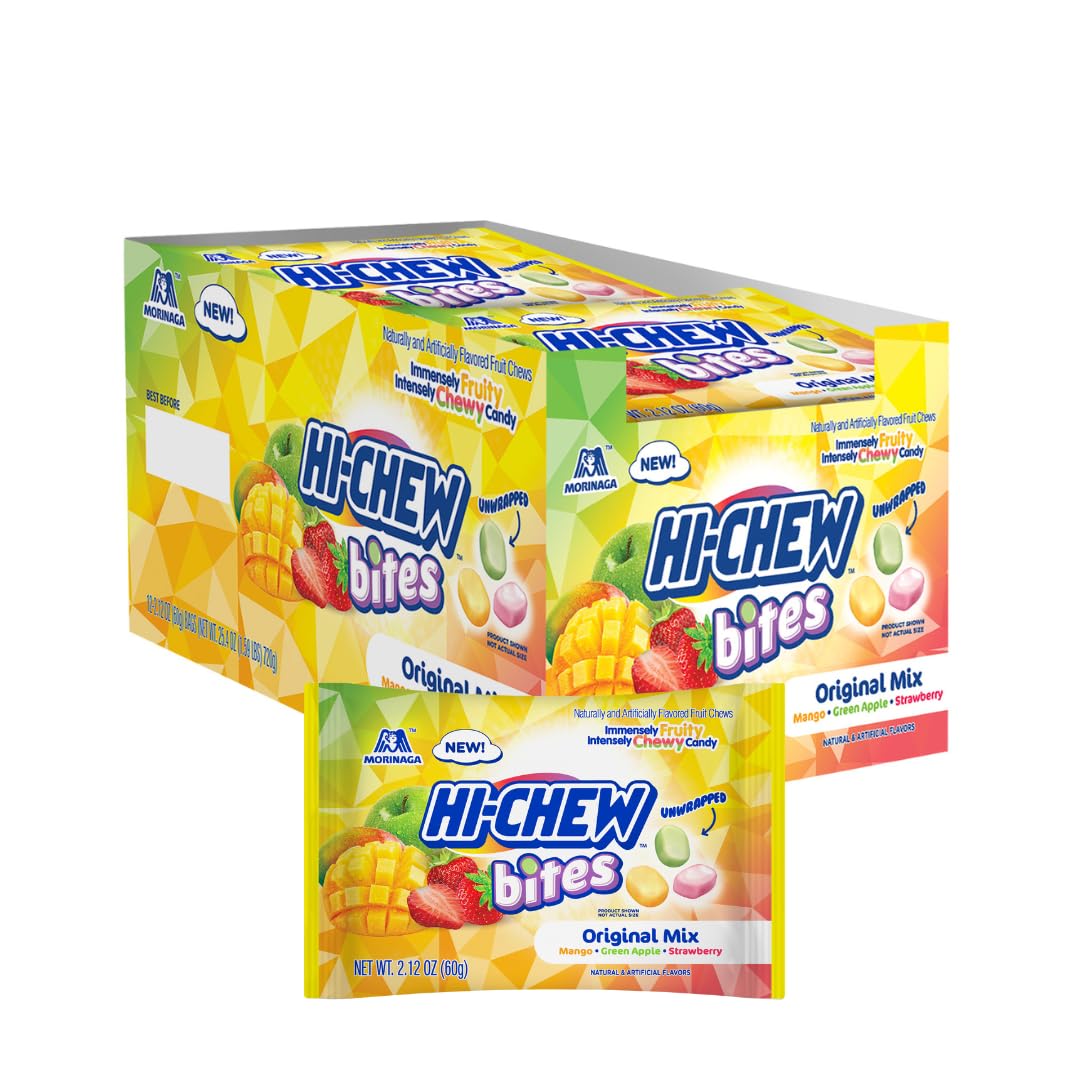HI-CHEW Bites mango pack, juicy mango flavor for on-the-go snacking.