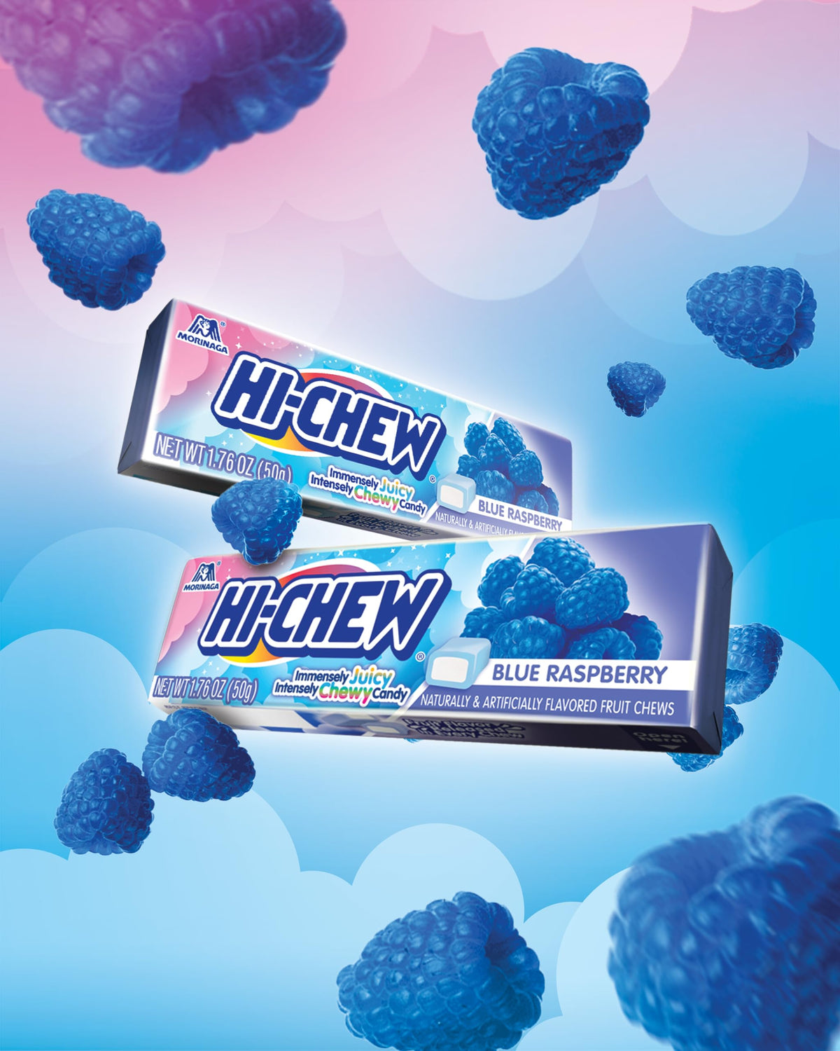 Product shot of HI-CHEW Blue Raspberry Stick emphasizing fruity taste