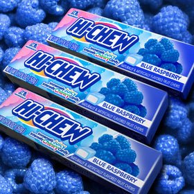 HI-CHEW Blue Raspberry Stick wrapper close-up showing convenient individually wrapped treats