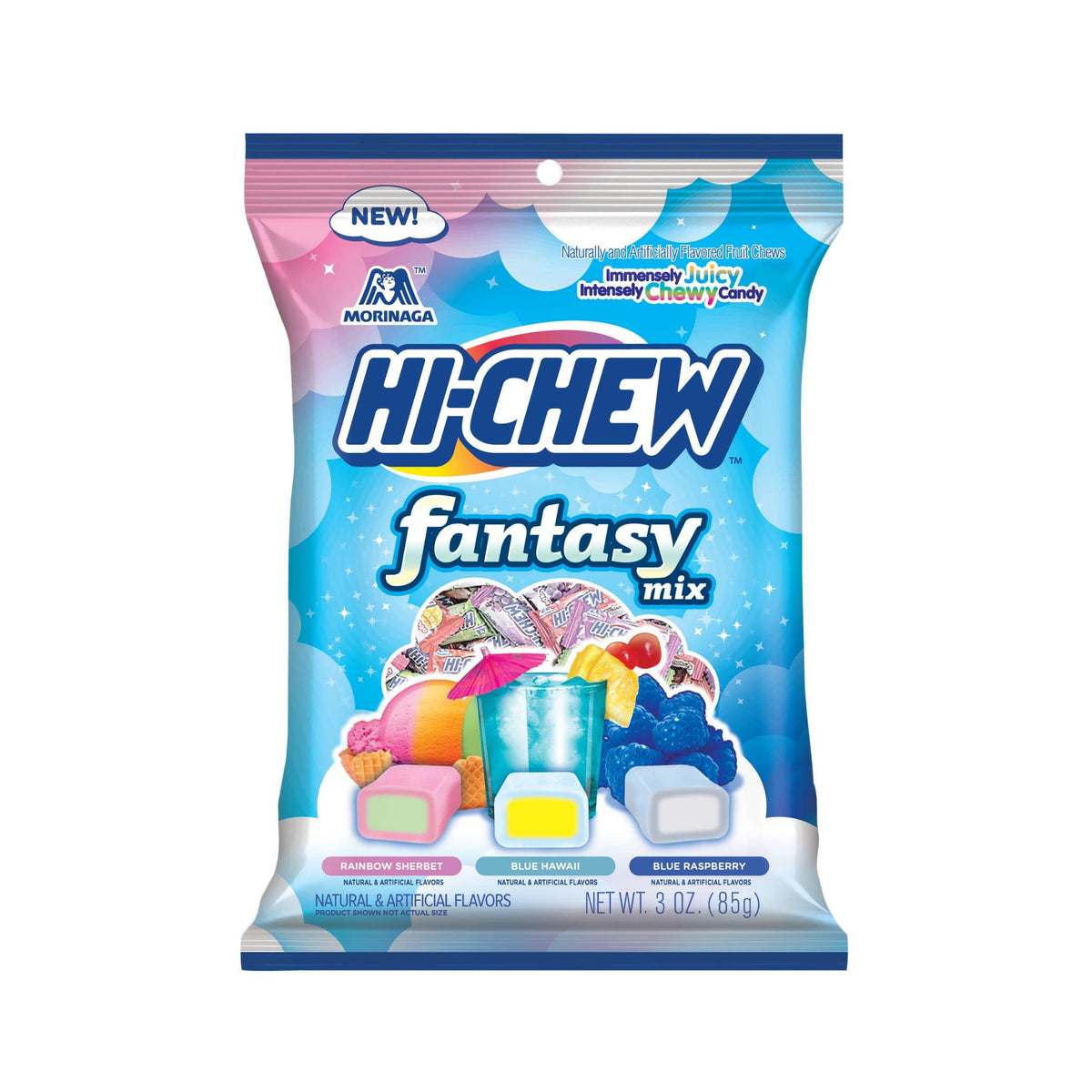 HI-CHEW Fantasy Mix Rainbow Sherbet bag with vibrant fruity chews for sharing.
