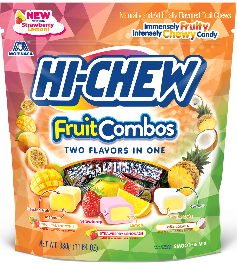 Hi-Chew fruity combo pouch; chewy tropical flavors for on-the-go snacking.