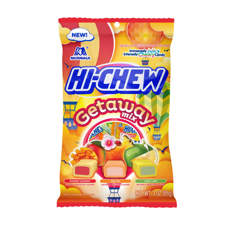 HI-CHEW Getaway Mix Mango Chamoy bag, juicy tropical treat ideal for sharing.