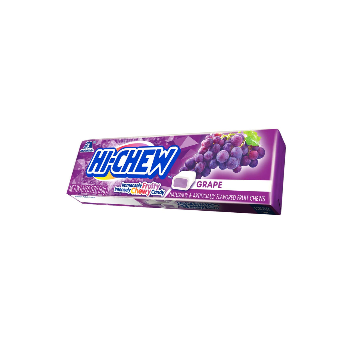 HI-CHEW Grape Sticks individual-stick image highlights soft chewy texture and real fruit juice