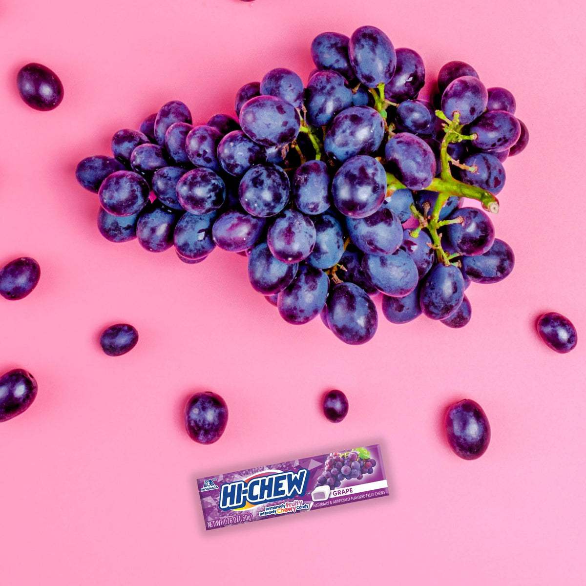 HI-CHEW Grape Sticks back-pack displays nutrition info and ingredients for healthy-minded shoppers
