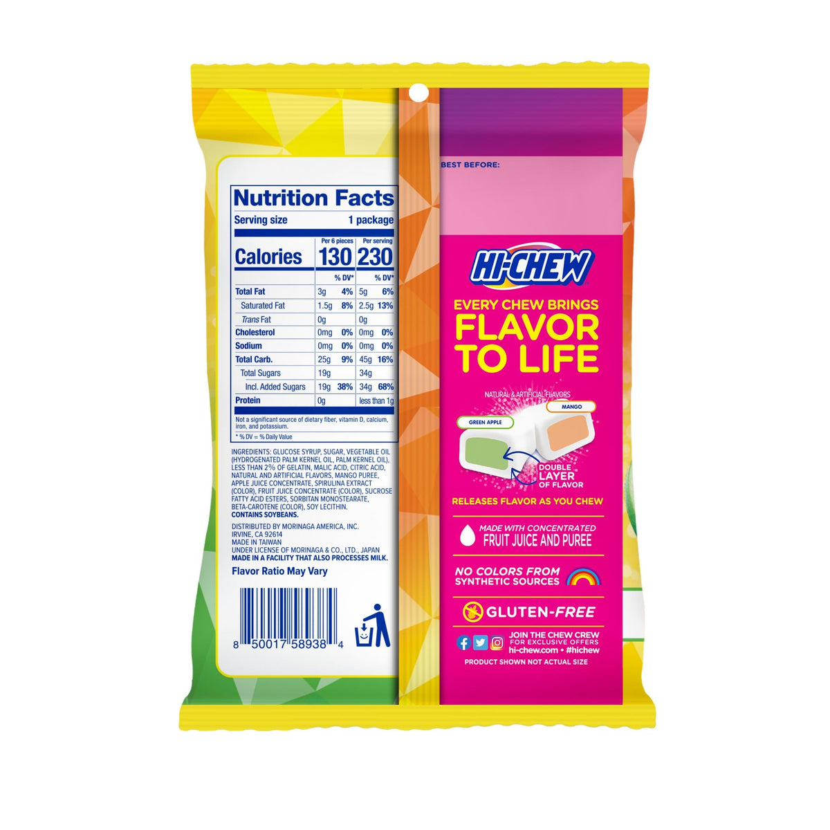 HI-CHEW Green Apple & Mango Mix closeup, colorful wrappers signal juicy flavors.