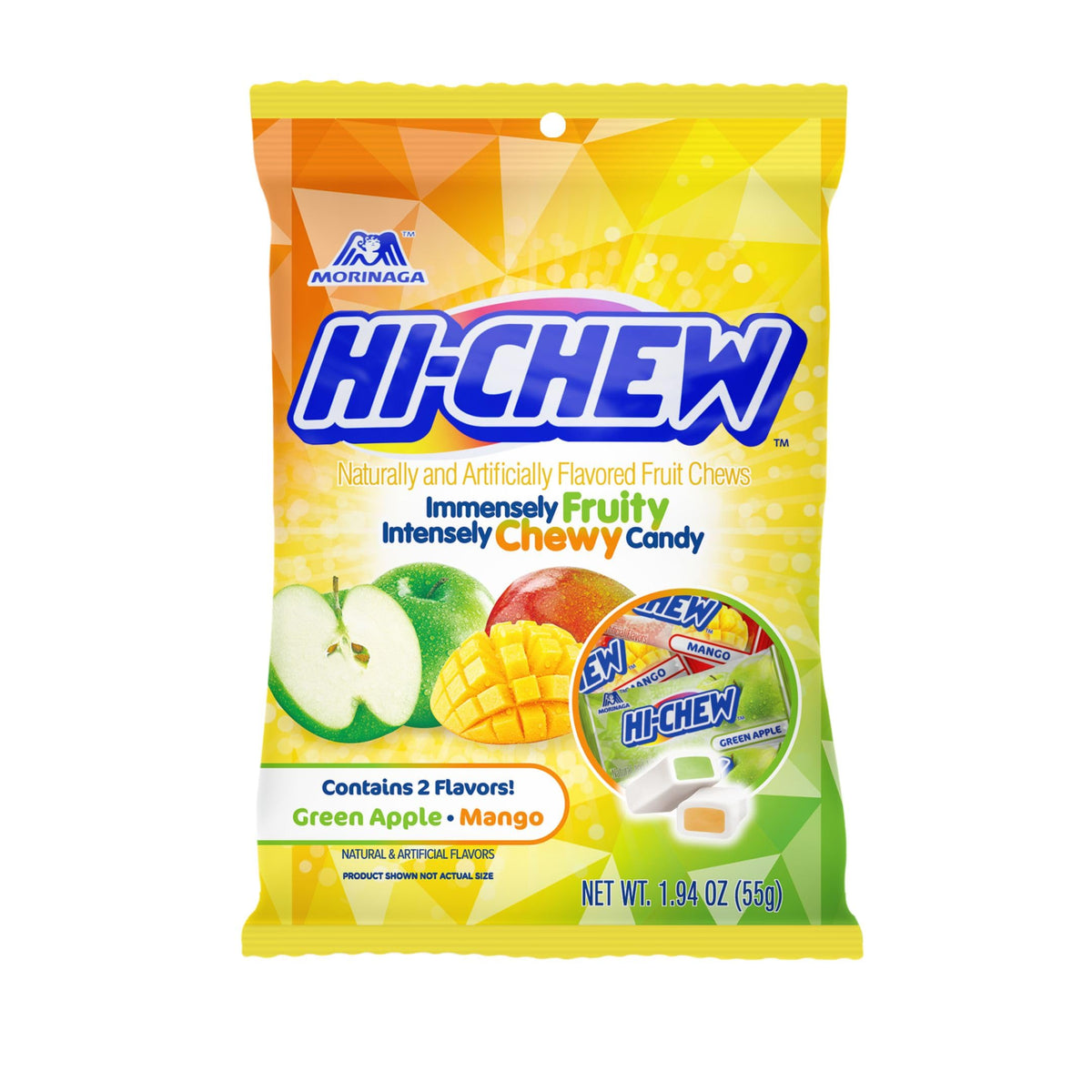 HI-CHEW Green Apple & Mango Mix front pack, perfect for sharing on the go.