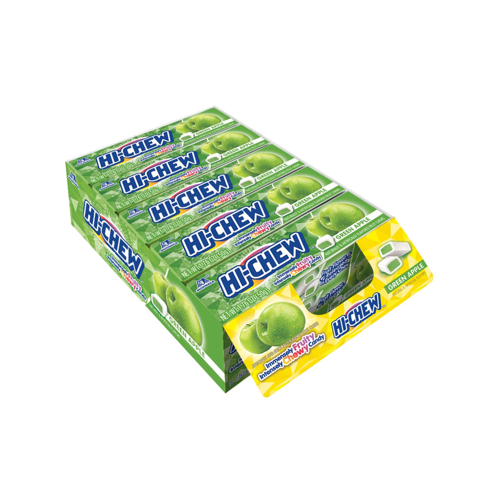 HI-CHEW Green Apple Sticks 15-pack front view, fruity chewy snack.