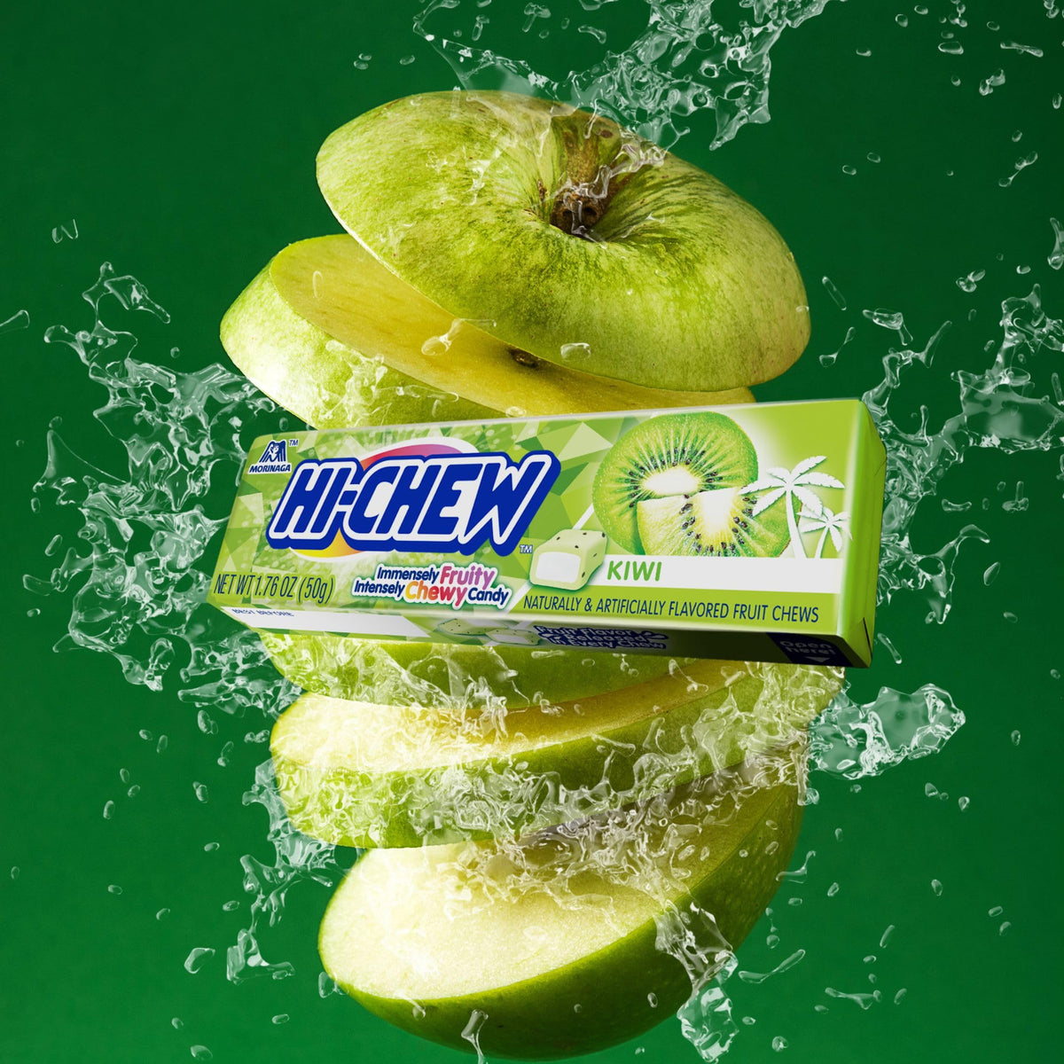 Box open reveals 15 individually wrapped HI-CHEW Green Apple Sticks for sharing.