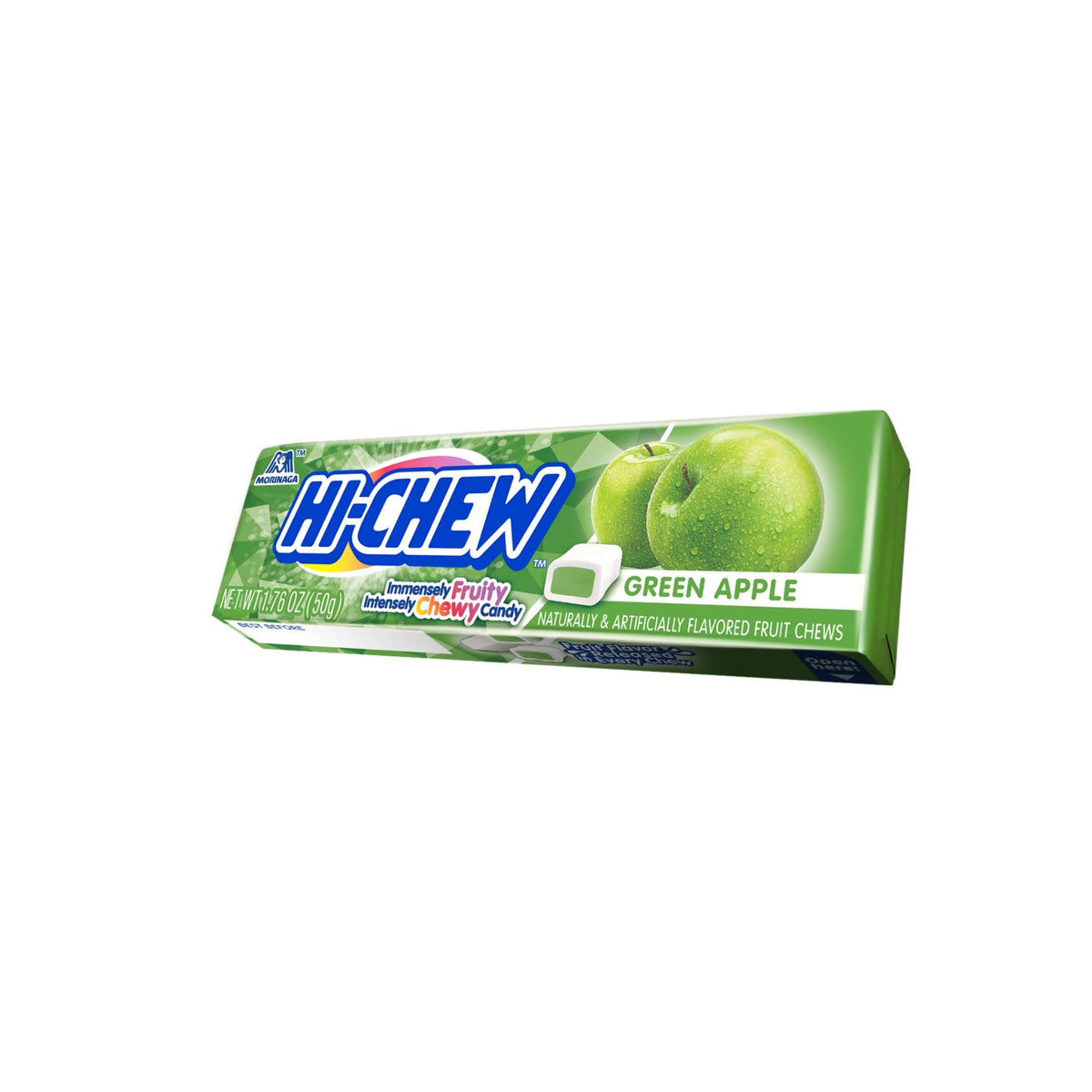 Individually wrapped HI-CHEW Green Apple Sticks, convenient for on-the-go snacking.